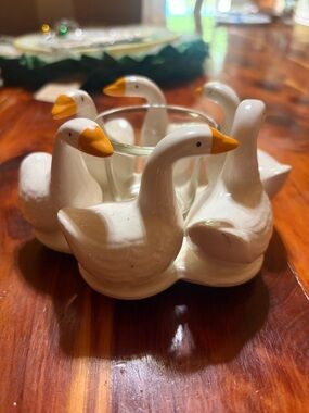 Vintage Ceramic Goose Candle Holder - White with Orange Beaks
